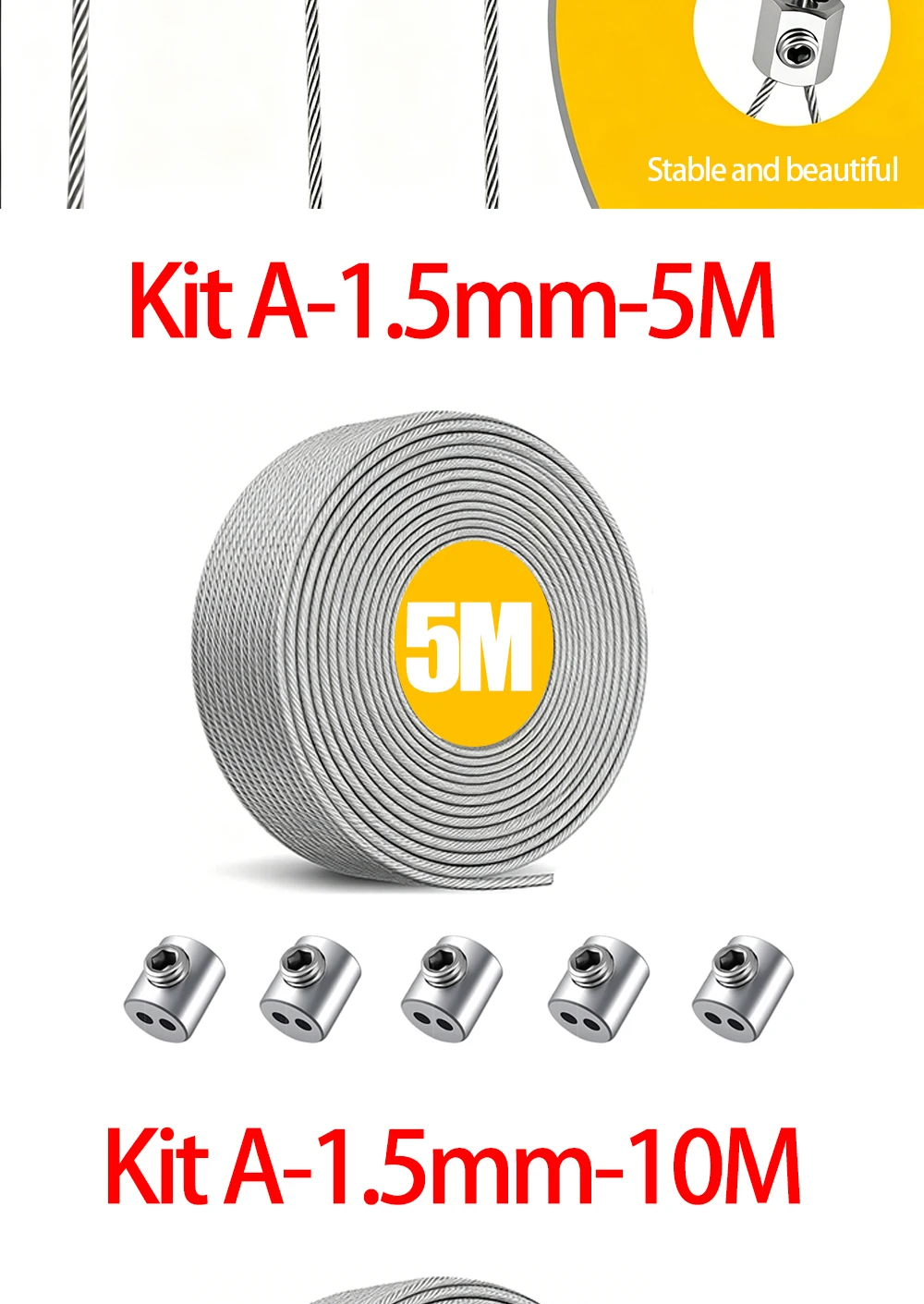 5/10/20 m 1,5 mm Edelstahl-Drahtseil-Set mit Kabelklemme und PVC-Beschichtung für Wäscheleinen, Gartengeländer, Außenzäune – Detail 5