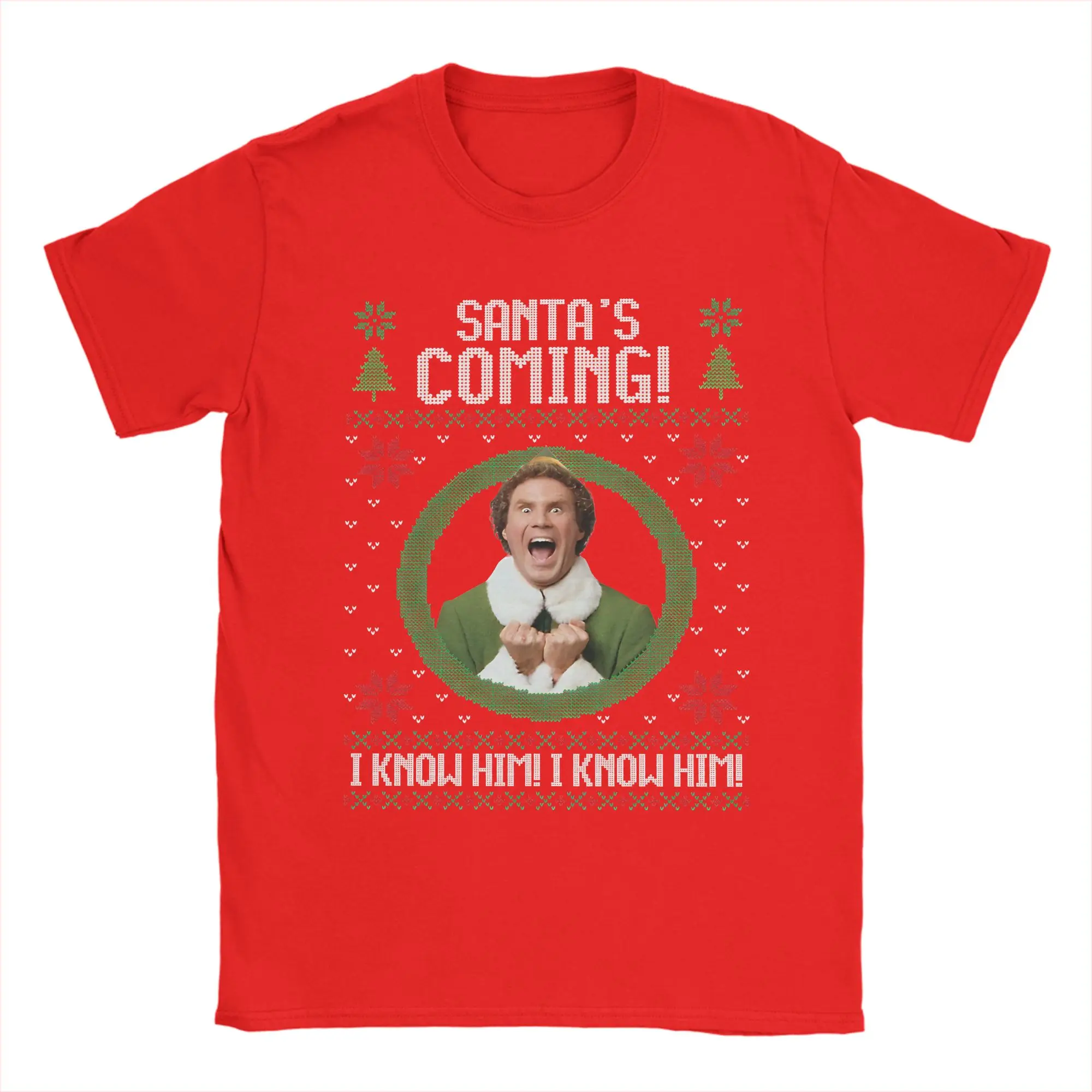 Elf - Santa's Coming! I know him! T-Shirts for Men The Office Funny Cotton Tees Crewneck Short Sleeve T Shirt Printing Tops
