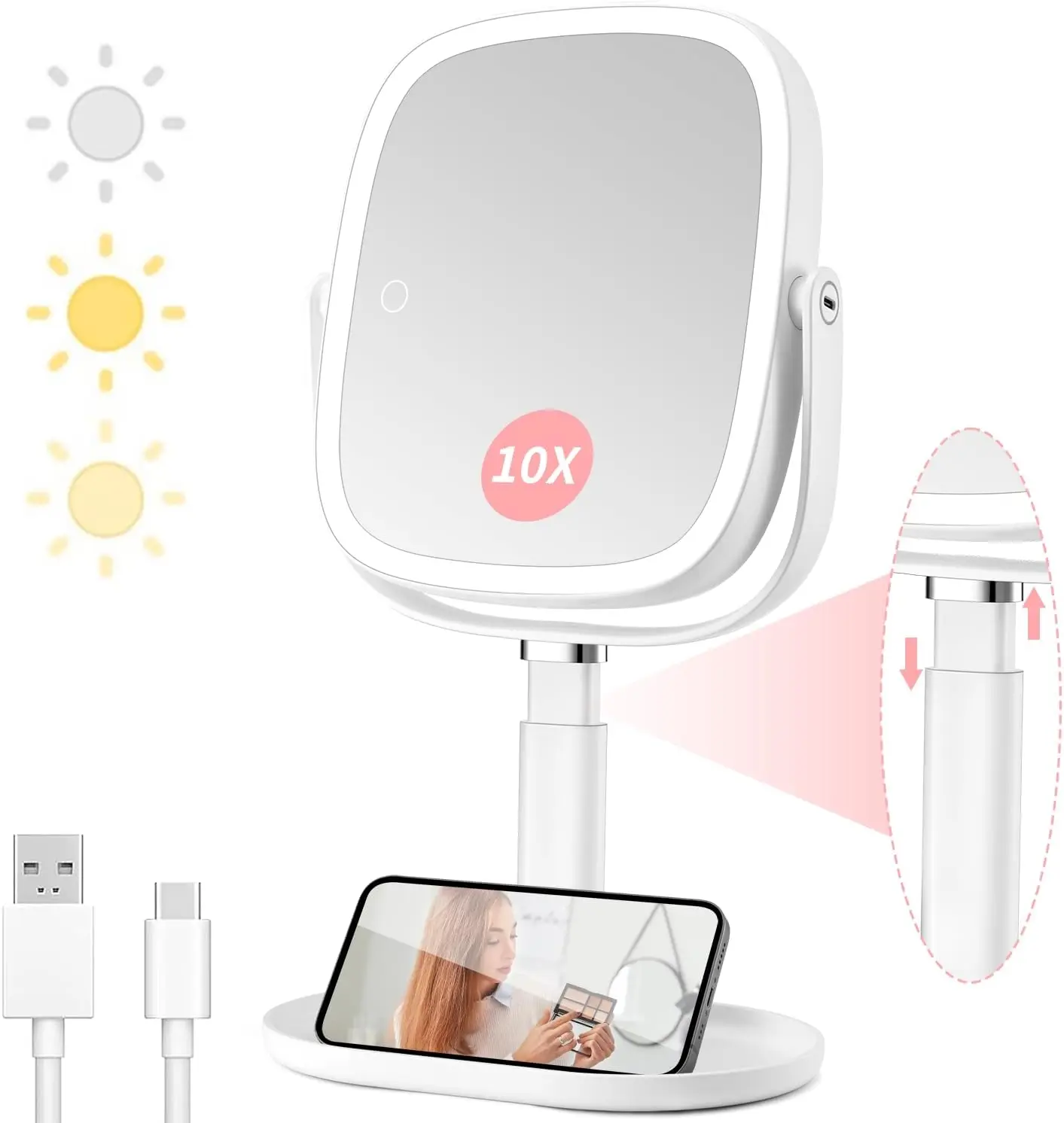

Lighted Makeup Mirror with 2600mAh Battery, Adjustable Height, 3 Colors, and 360° Rotation - Ideal Gift
