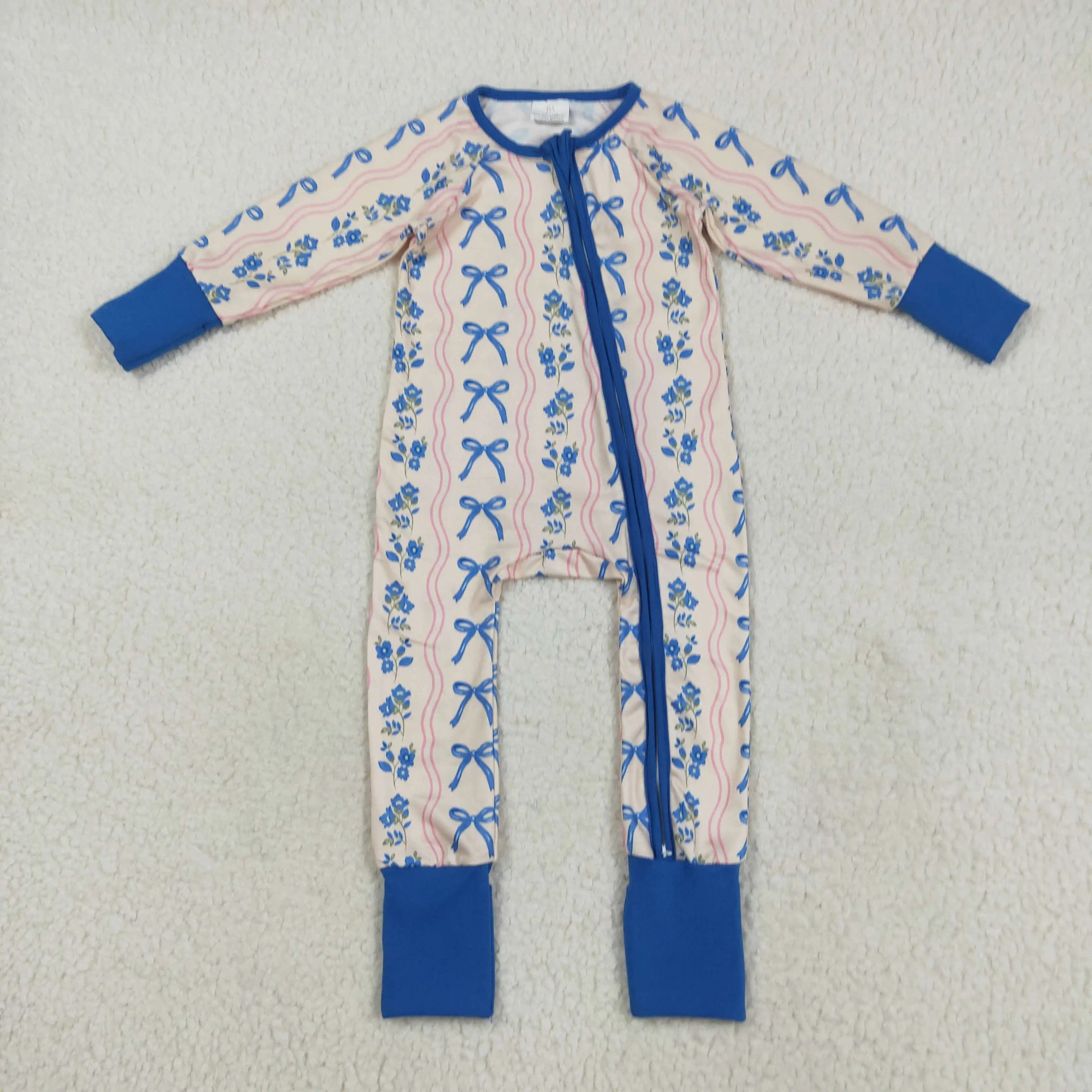 

Baby Girls Long Sleeves Blue Bows Floral Romper Zipper Pant Stripe Design Cute Outfit for Little Girls