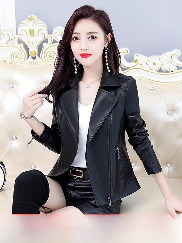   Giacca in Vera Pelle Ning per Donna, Primavera-Autunno, Slim Fit, Alla Moda, con Chiusura a Cerniera, Cappotto Lungo