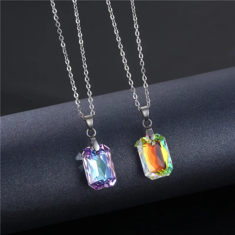 Crystal Rectangle Pendant Necklaces Stainless Steel Short Clavicle Chain Women's Rectangular Geometric Necklace Wholesale New