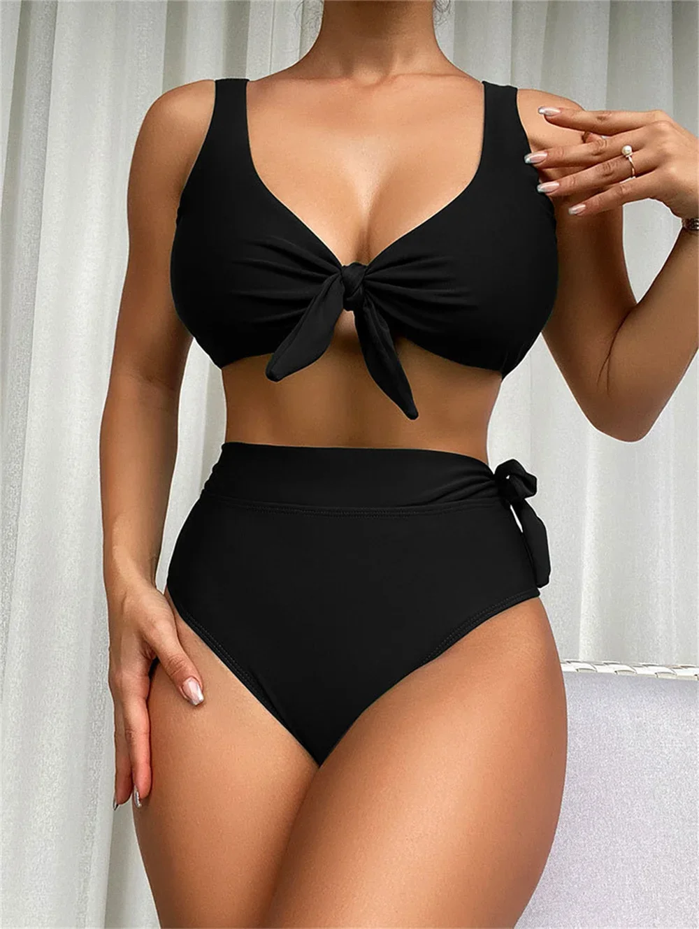 Maillot de bain deux pièces pour femmes, tankini taille haute noué, push up, sexy, bikini, avec nœud, Y2K, bandage, tanga, tenue de plage