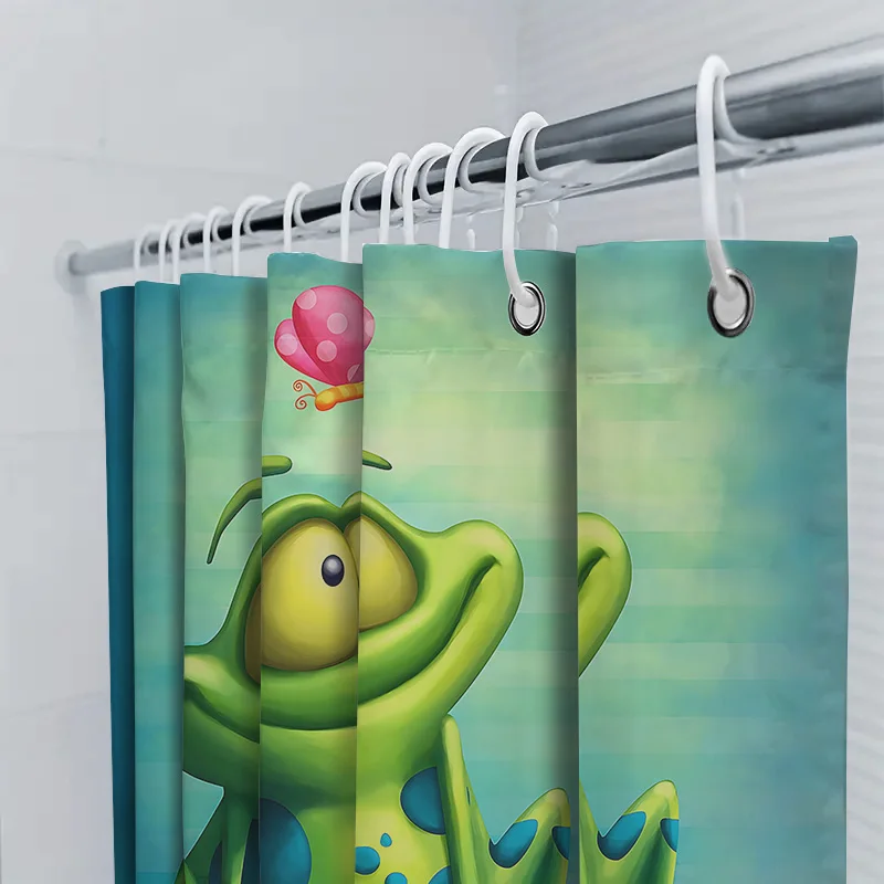 Cartoon Frog Pattern Waterproof Mold-proof Shower Curtain Cute Creative Bathroom Accessory for Home Use with  Complimentary hook