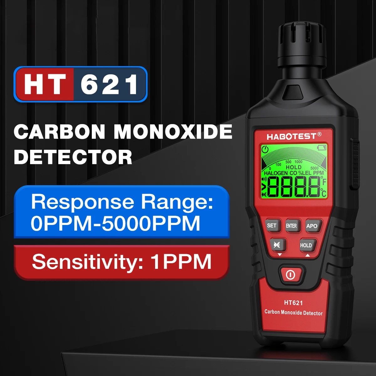 

HT621 Carbon Monoxide Meter with High Precision CO Gas Tester Monitor Detector Gauge LCD Display Sound and Light Alarm 0~5000ppm