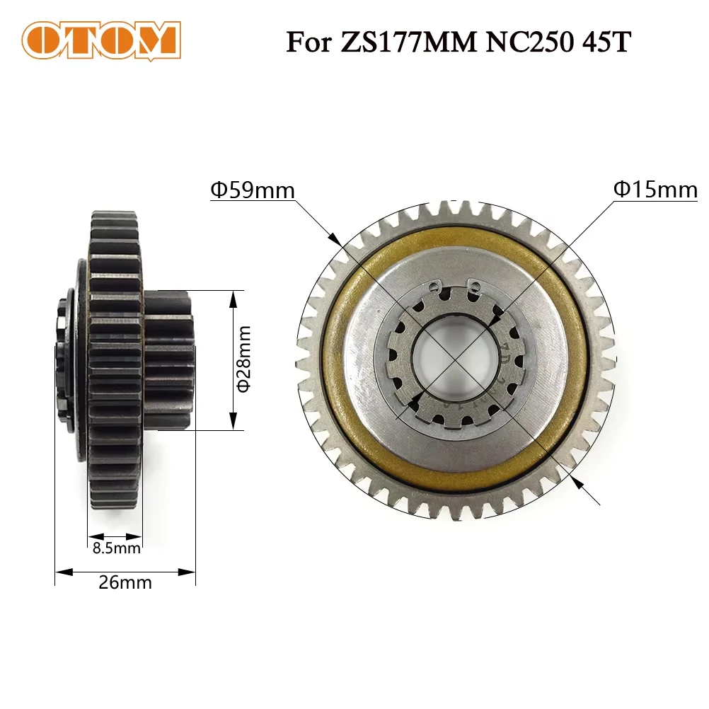 OTOM For Zongshen NC250 Parts 45T Double Gear Start Bridge Gear Large Friction Scooter Motor Universal ZS177MM RX3 KAYO BSE