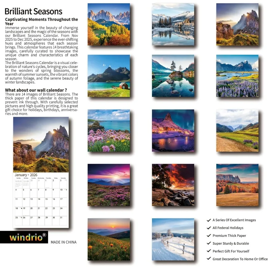 2026 تقويم الحائط التقويم 2026 نوفمبر 2025 - ديسمبر 2026 تقويم الحائط الرائع 12 "× 24" مفتوح الصفحة الكاملة أشهر سميكة