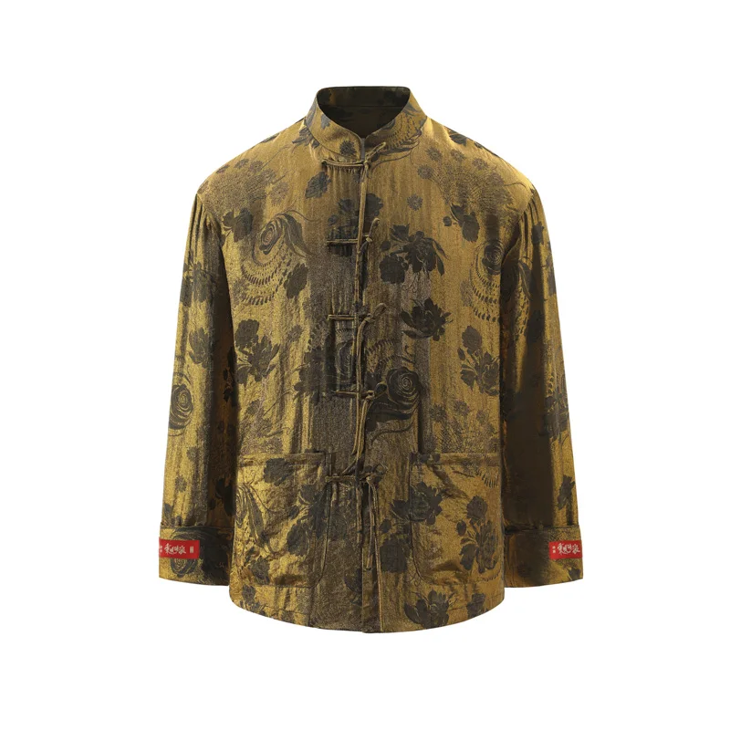 2026 Old Money Satin Jacquard Tang Jacket Men Mandarin Collar Flower Print Shirt Frog Button Loose Outerwear Chinese Style Coat
