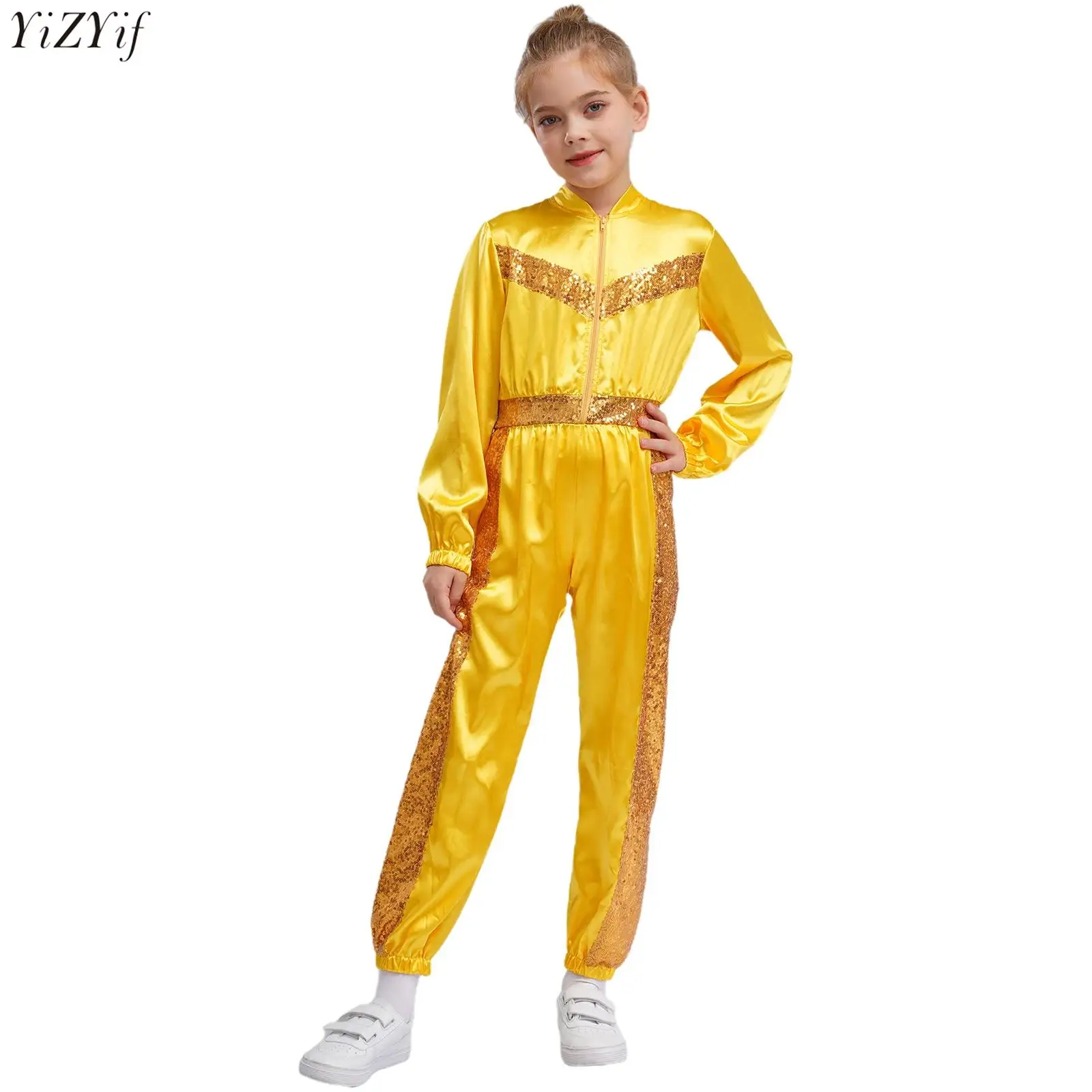 

Kids Girls Sequins Satin Jumpsuit Hip-Hop Jazz Dance Costume Long Sleeve Zipper Bodysuit for Party Stage Performance Streetwear