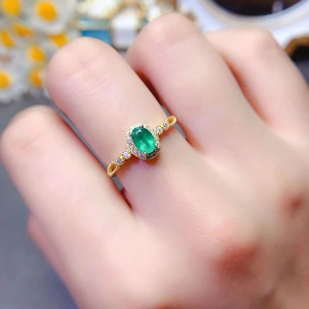 Shining Natural Emerald Ring for Engagement 4mm*6mm 0.4ct Colombian Emerald Silver Ring with 18K Gold Plated 925 Silver Jewelry