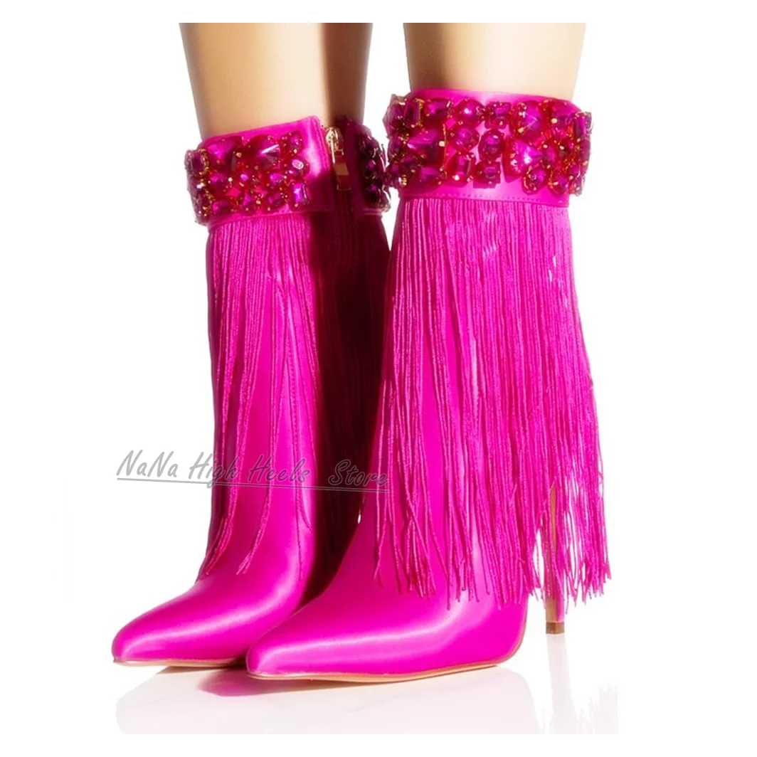

Элегантные ботильоны цвета фуксии с кисточками и стразами, женские модные ботинки с острым носком и кристаллами, женские модельные туфли, вечерние туфли на высоком каблуке-шпильке