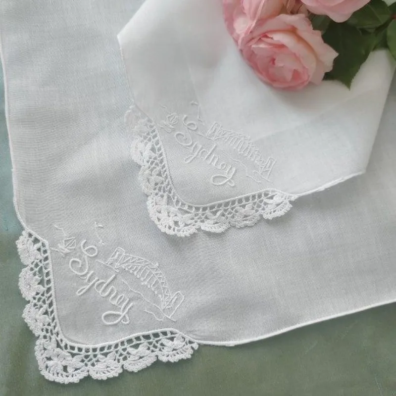 2PCS 27X27CM White Pure Cotton Gauze Hand Crochet Embroidered Handkerchief Napkin