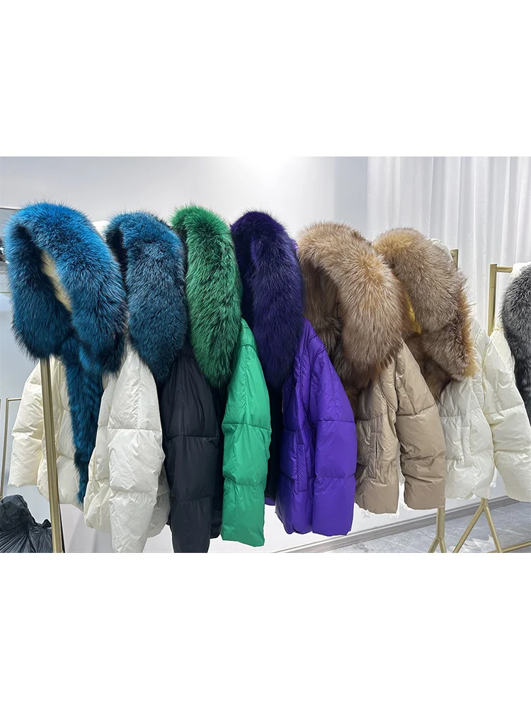 2023 Women Coat White Duck Down Jacket Super Large Real Silver Fox Fur Collar Hooded New Fashion Outerwear Puffer Jacket New