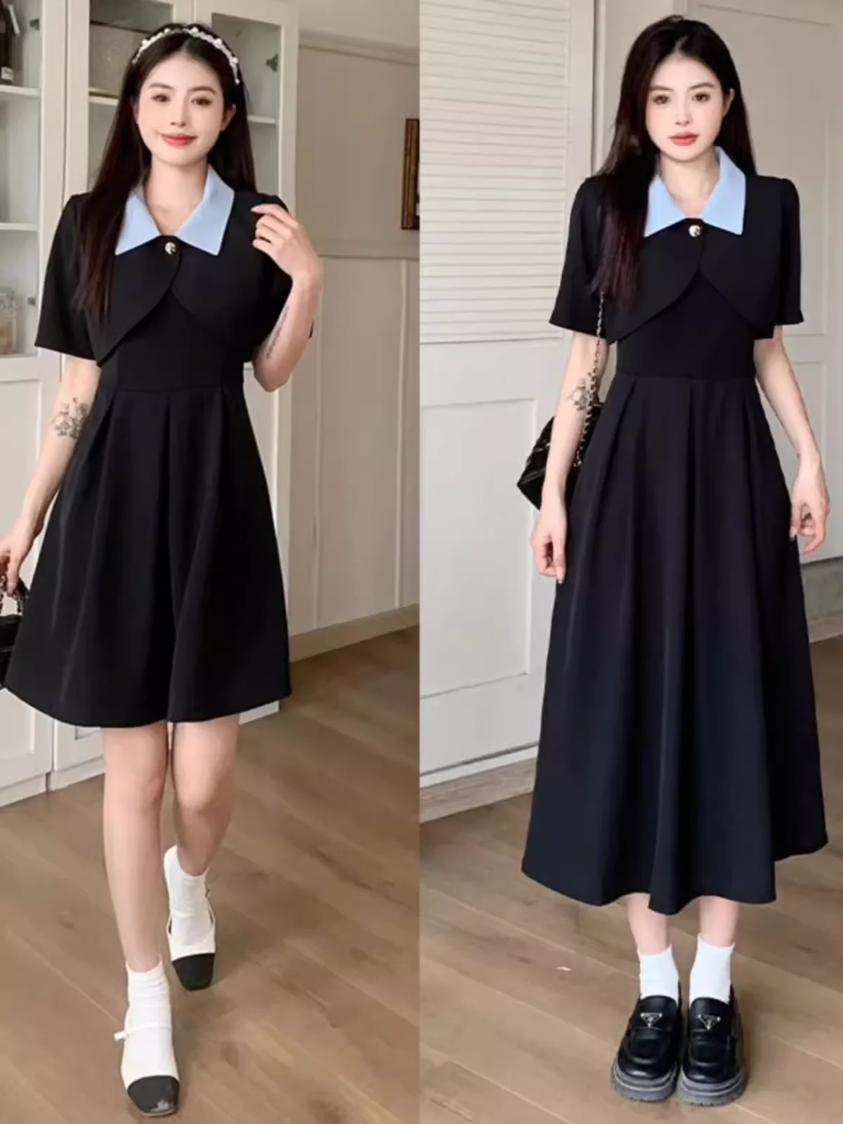 

Черный комплект из укороченного топа и юбки, стройнящий талию, в школьном стиле, больших размеров, модная женская одежда для фигуры типа «груша», омолаживающая образ