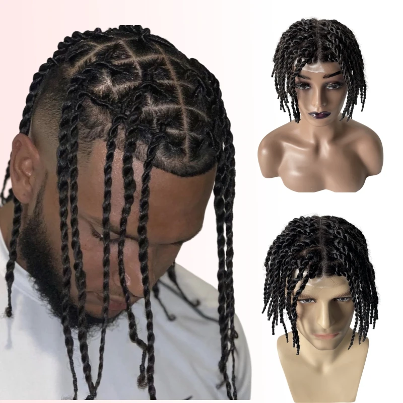 European Virgin Human Hair Pieces 200% Density 1b# Black Twist Braids Knots Skin PU Toupee for Black Men