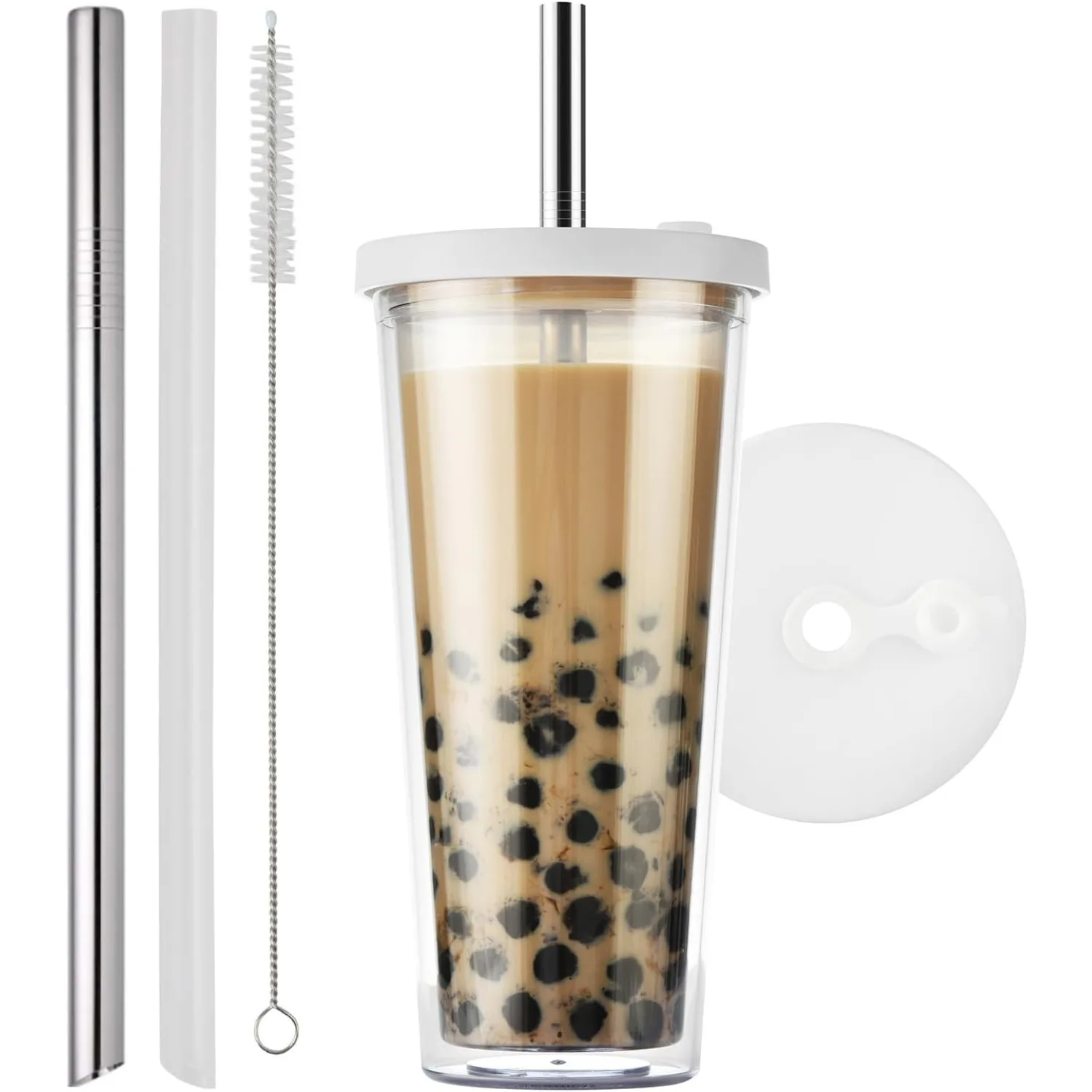 24 oz Iced Coffee Cup, Reusable Plastic Bubble Tea Cup, Double Wall Cup Cold Smoothie Cup Tumbler with Lid and Straws - White