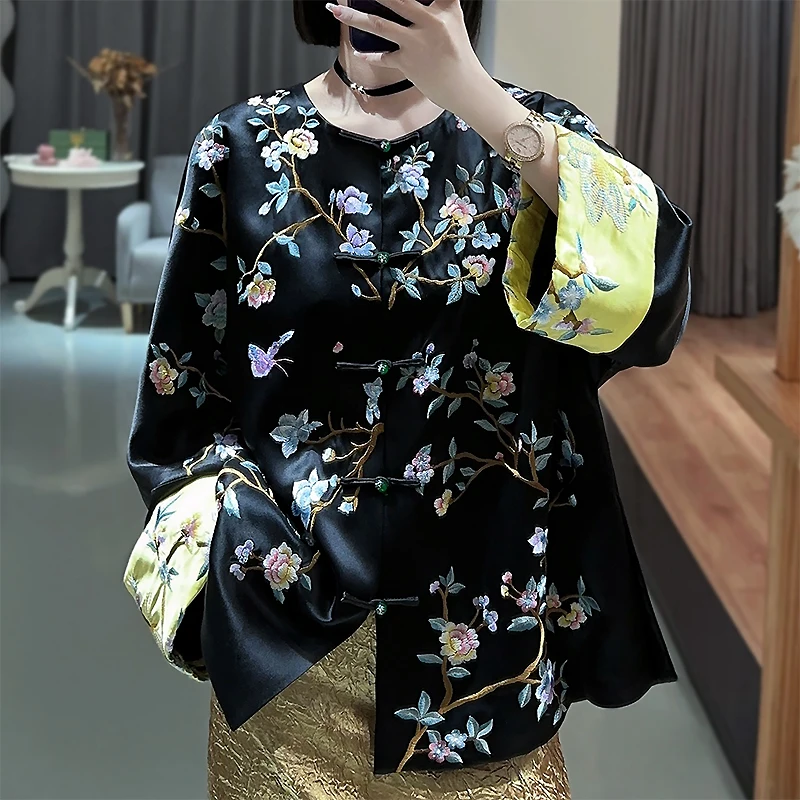 High-end Satin Acetate Women Jacket Top Embroidery Painting of Flowers and Birds Tang Suit Elegant Lady Loose Coat Female S-XXL