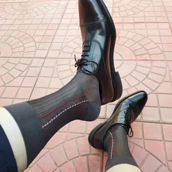 Grey Men's Socks Vintage Style Red Line Strip Jacquard Male Nylon Stockings Formal Dress Business Socks Mans Elastic Work Socks