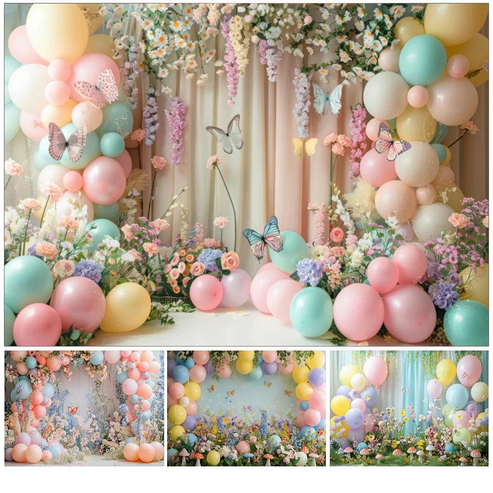 

Newborn Baby 1st Birthday Photography Backdrops Butterfly Floral Balloons Baby 1st Birthday Party Background Decor Photo Studio