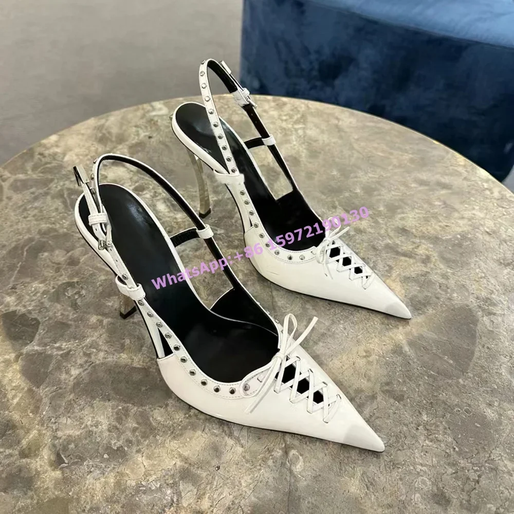 

Rivet Hollow Solid Pumps Butterfly Knot Cross Tied Lace Up Slingback Bend Heels Trendy Shoes Women's Pointy Toe Leather Sandals