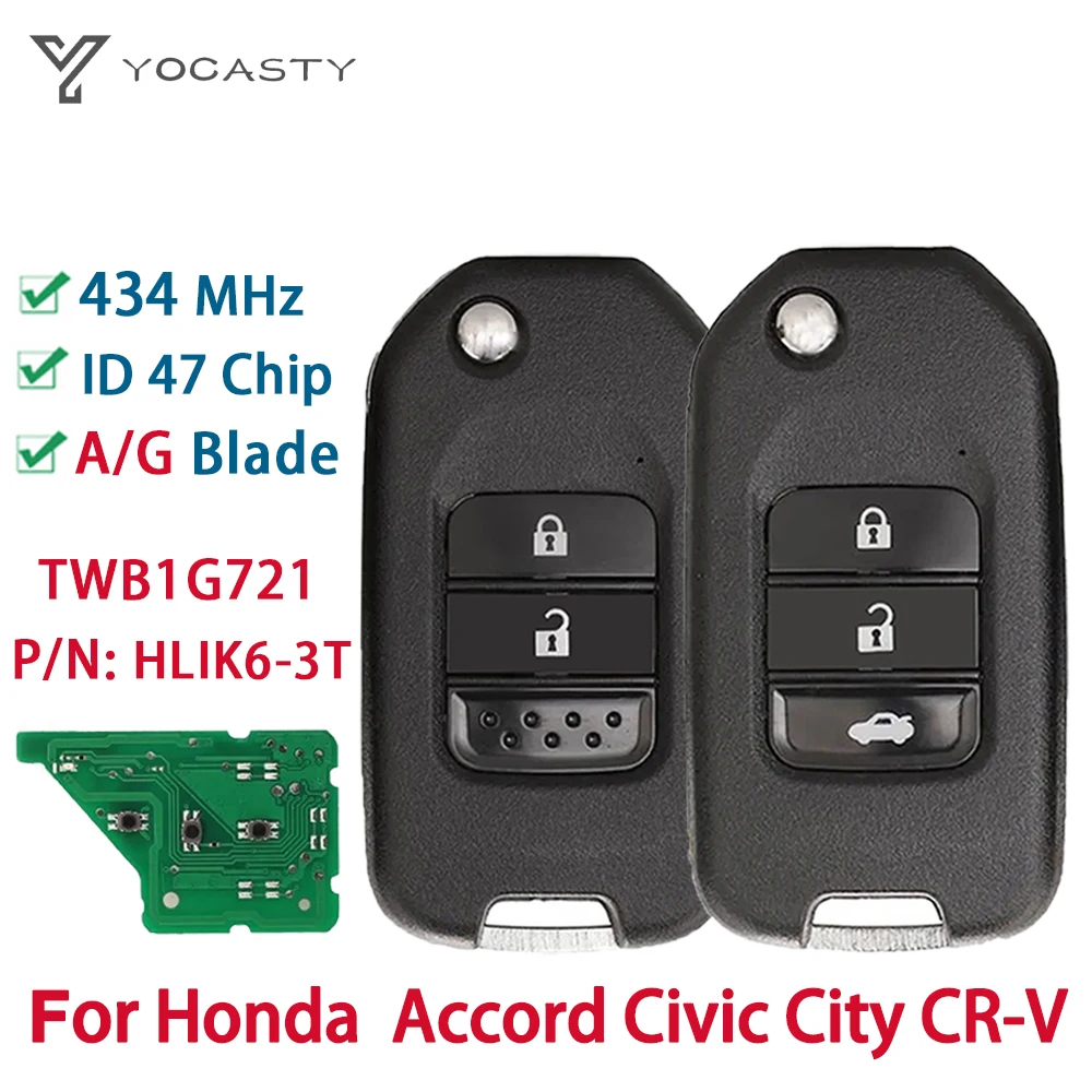 YOCASTY Flip Remote Key 433Mhz ID47 Chip For Honda Accord Civic City CRV Jazz XR-V Vezel HR-V FRV A/G Blade HLIK6-3T TWB1G721 