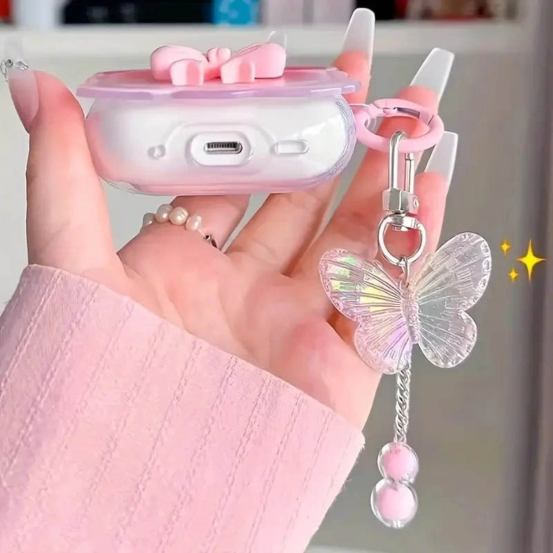 INS wave Bow Transparent Case Stars Wave Gradient Pink  Bow Headphone Cover Airpods 4 pro2 Protective Bag Earphone Case