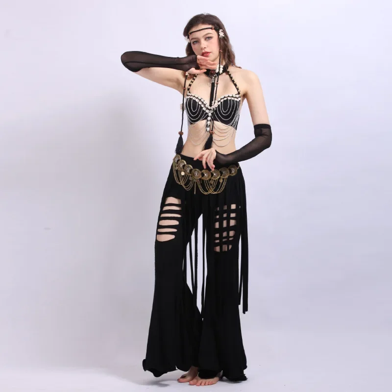 Stage performance women Tribal Style Belly Dance Costume 4 Pics Top &Tassel Tribal Pants&Bronze Belt&Shell Headdress&Arm Sleeve