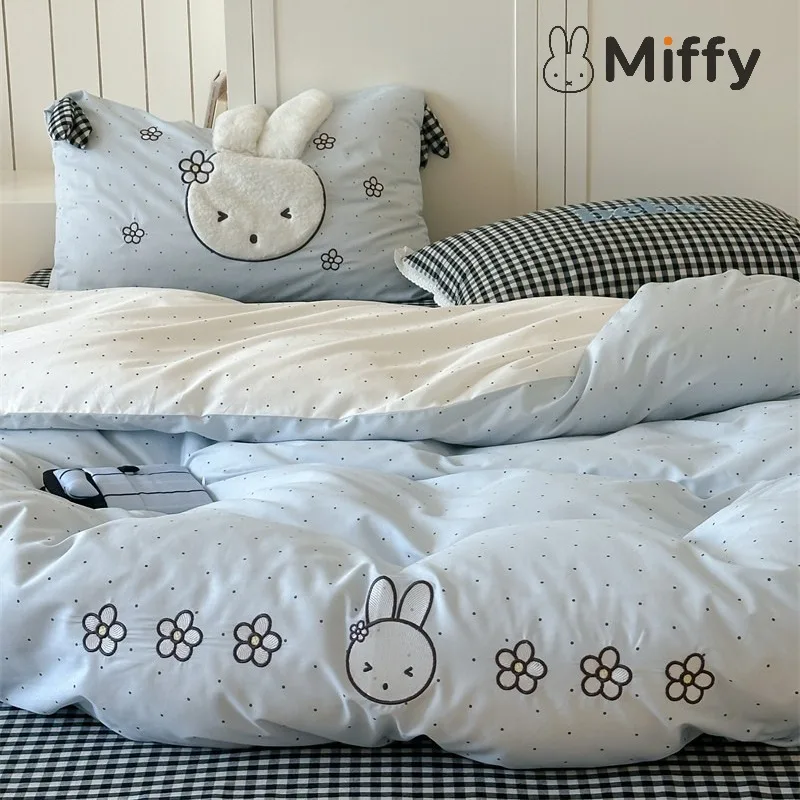grazioso-set-copripiumino-con-coniglio-ricamato-miffy-in-cotone-puro-lavato-motivo-a-quadretti-e-pois-set-da-3-o-4-pezzi-per-letti-da-150cm-e-180cm