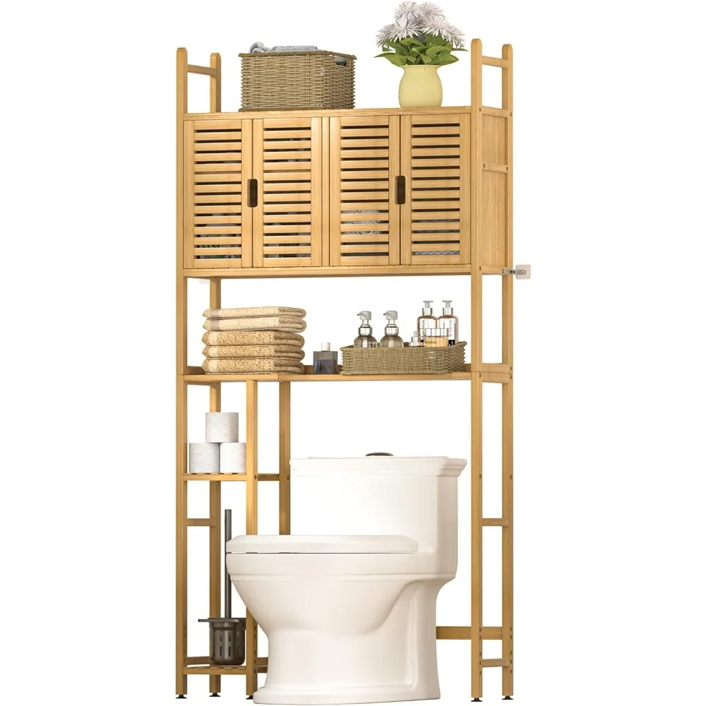 

Over The Toilet Storage Cabinet with Paper Holder Stand,Bamboo Bathroom Organizer Shelf with Four Door and Waterproof Feet Pad,S