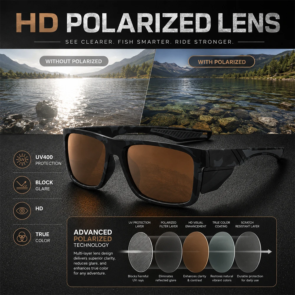Tarnfarben Polarisierte Sportsonnenbrille für Männer UV400 Blendschutz Spiegelglas für Autofahren, Angeln, Radfahren, Outdoor, Winddichte Sonnenbrille – Detail 4