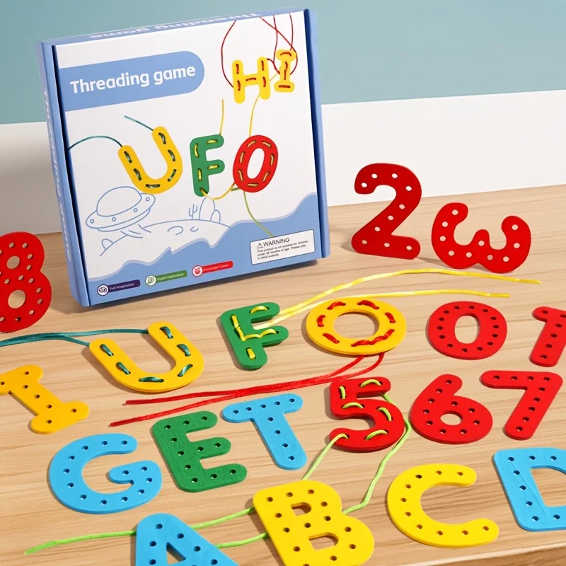 Alphabet and Number Lacing Game, Wooden Educational Toy for Children's Hand-Eye Coordination, Cute Gift for Birthday, Christmas