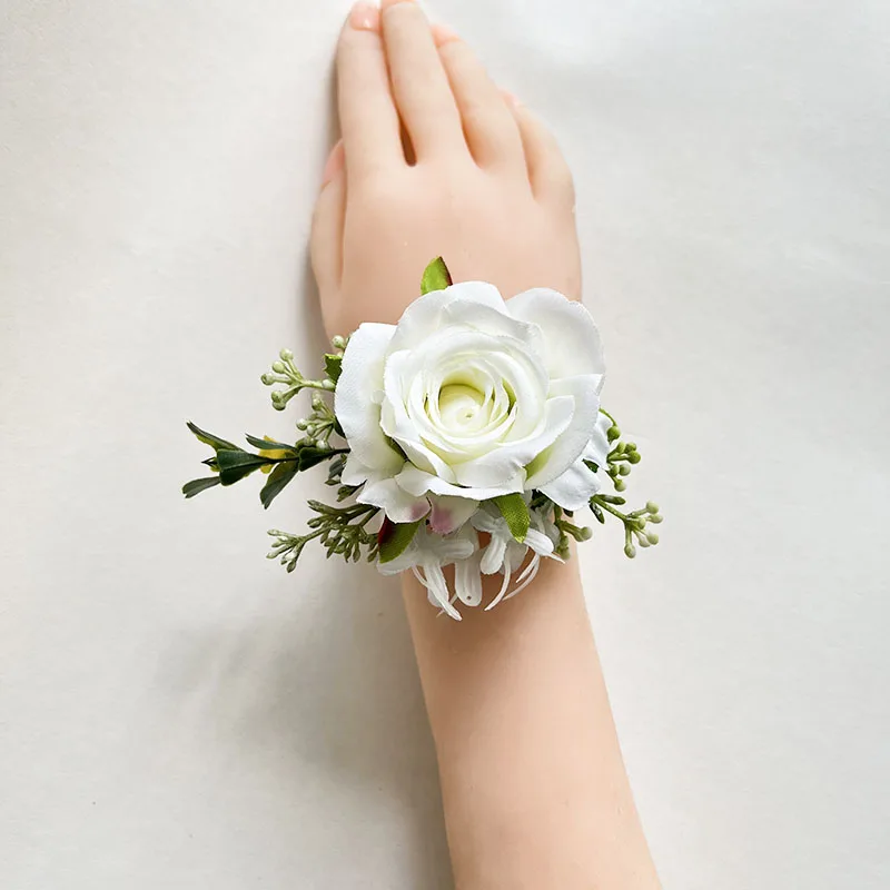 Ramillete de muñeca Boutonniere para dama de honor, accesorios de novia, rosas blancas, flores artificiales, alfileres de ojal, broche de matrimonio para hombres