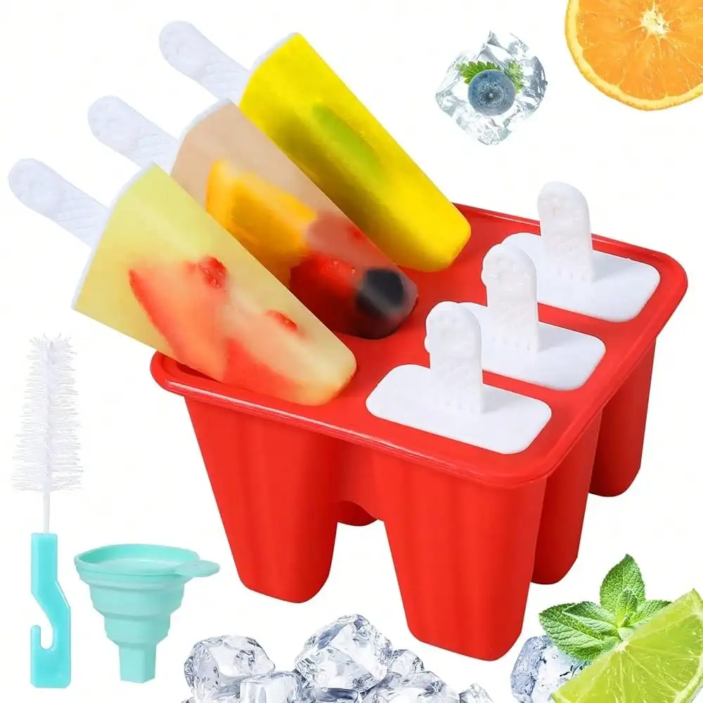 

Molds,Silicone Ice Molds, Sicle Mold Reusable Easy Release Ice Maker,Homemade Sicle Mould With Silicone Funnel And Cleaning Brush (Red, 6 Cavities)