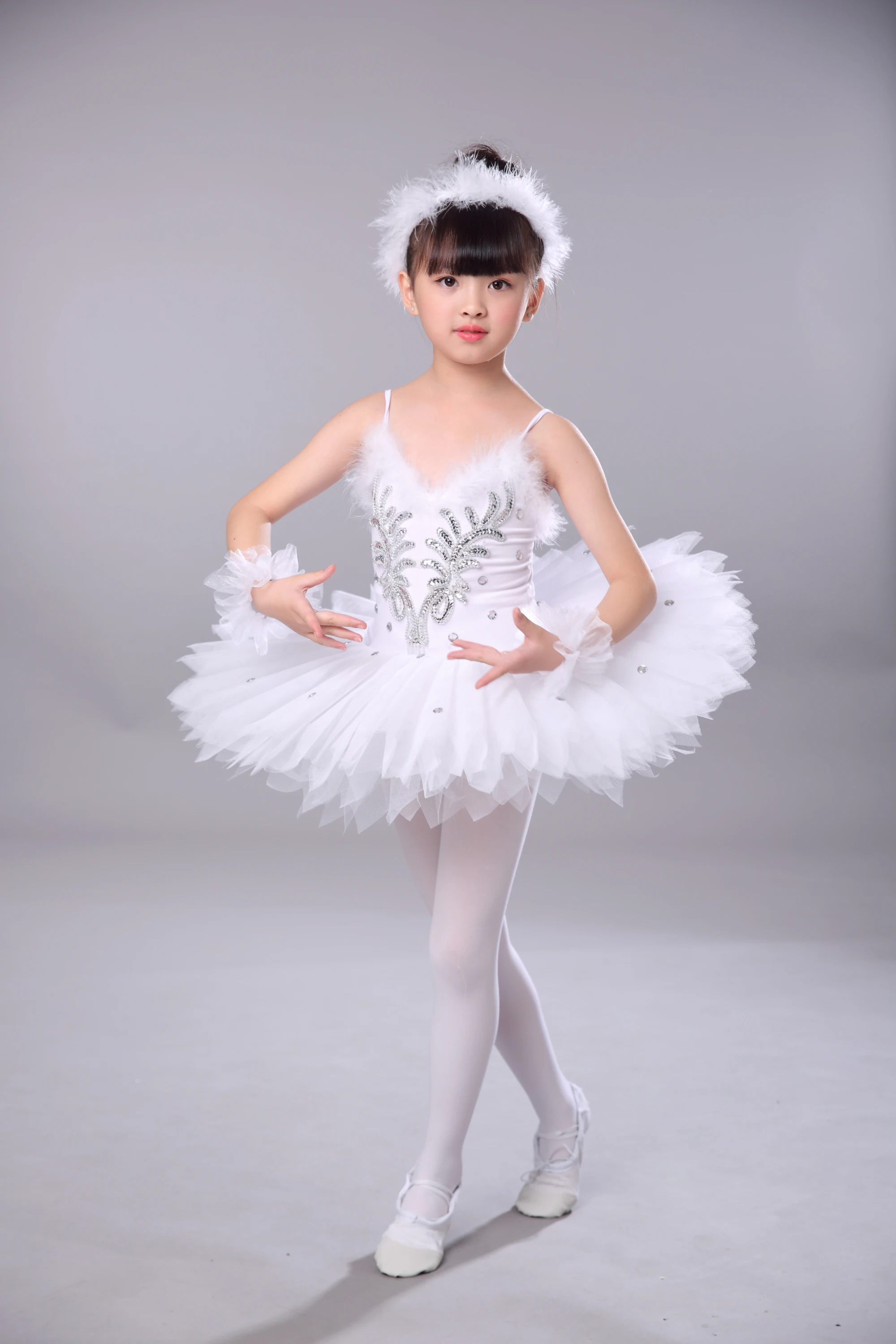 Kids girl Professional Tutu Ballet White Dress with feather Ballerina  Costumes Dance Clothes Kid for Child Girls