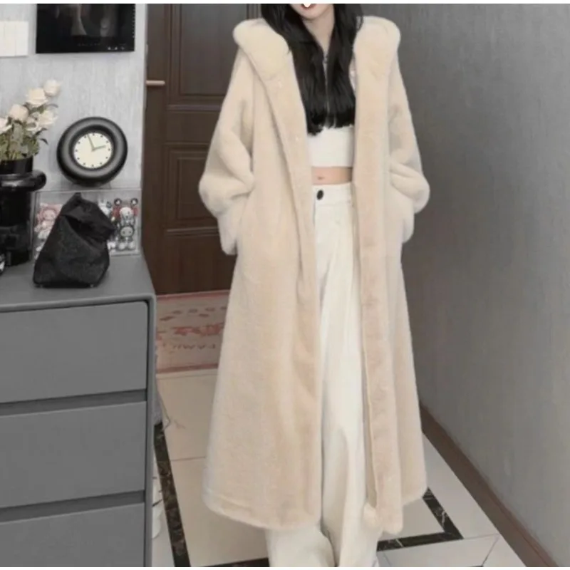 Abrigo de piel largo y grueso con capucha y forro de piel para mujer, abrigo de piel de Año Nuevo rojo Ankor para mujer, abrigo de piel de nuevo estilo para mujer