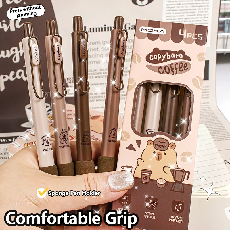 Capybara-Stylo à pression de dessin animé mignon, fournitures scolaires, papeterie esthétique, séchage rapide, stylos gel 0.5mm, 4 pièces