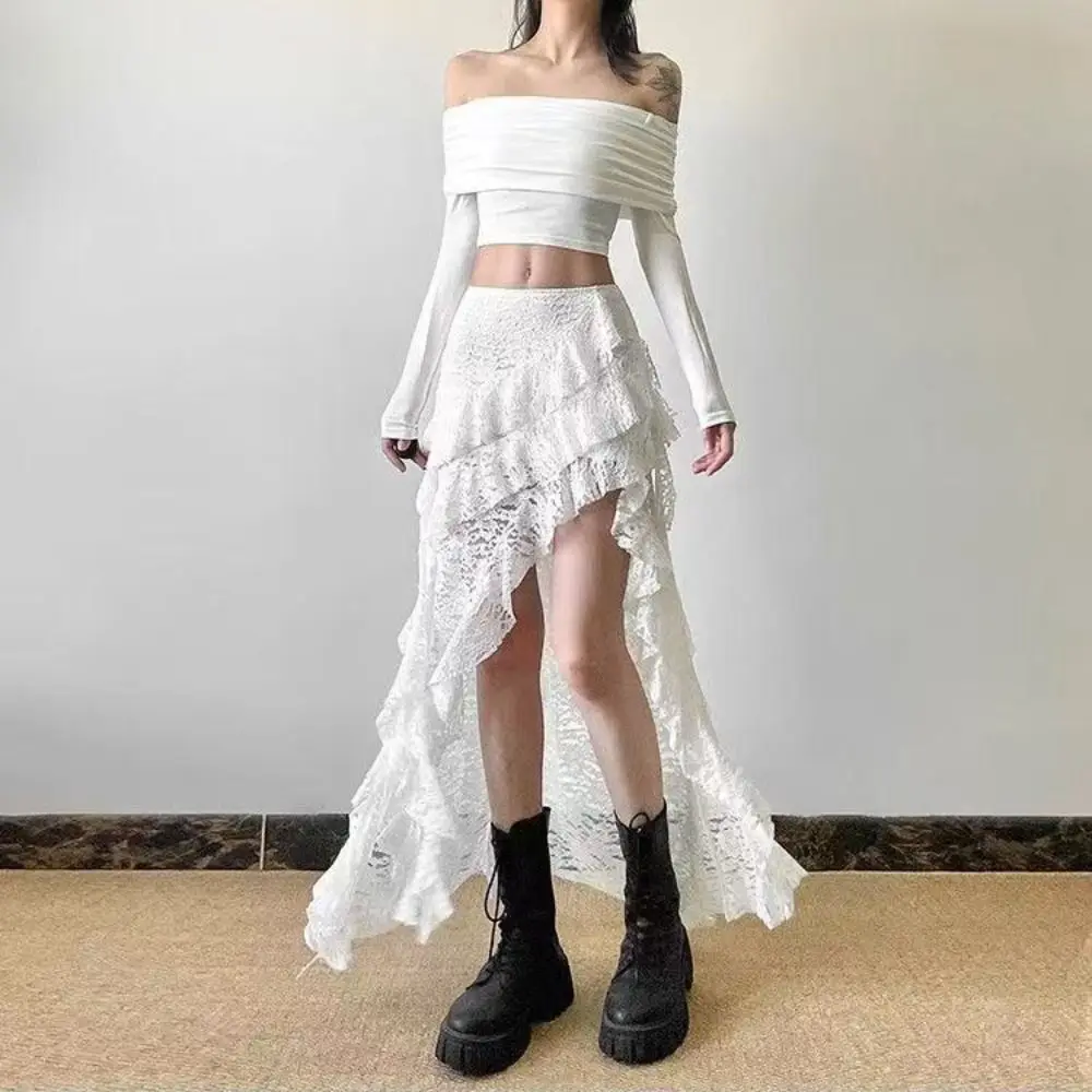 Mode A-Linie Damen Halbrock Unregelmäßig Sexy Maxikleid Spitzendesign Rüschen Minirock Sommer