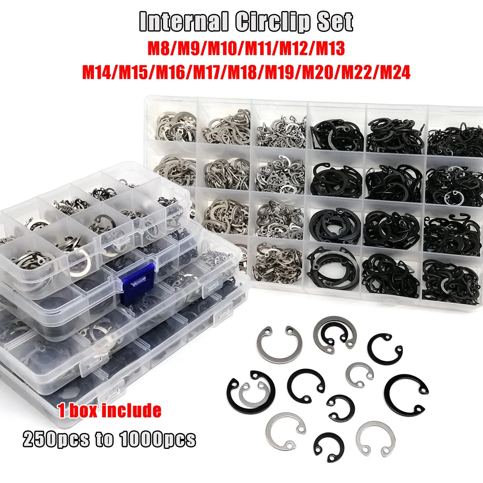 1 Box M8-M24 Assortment Kit Set C Type Internal Circlip Retaining Clip Snap Ring for Hole 304 Stainless Steel Black Steel GB893