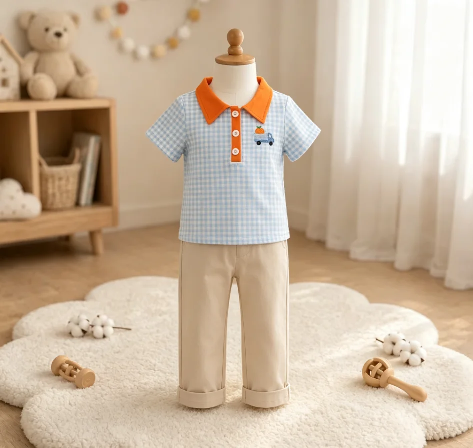 Wholesale Toddler Pullover Thanksgiving Clothes Children Boys Short Sleeves Pumpkin Embroidery Clothing Kids Baby Boy Shirt