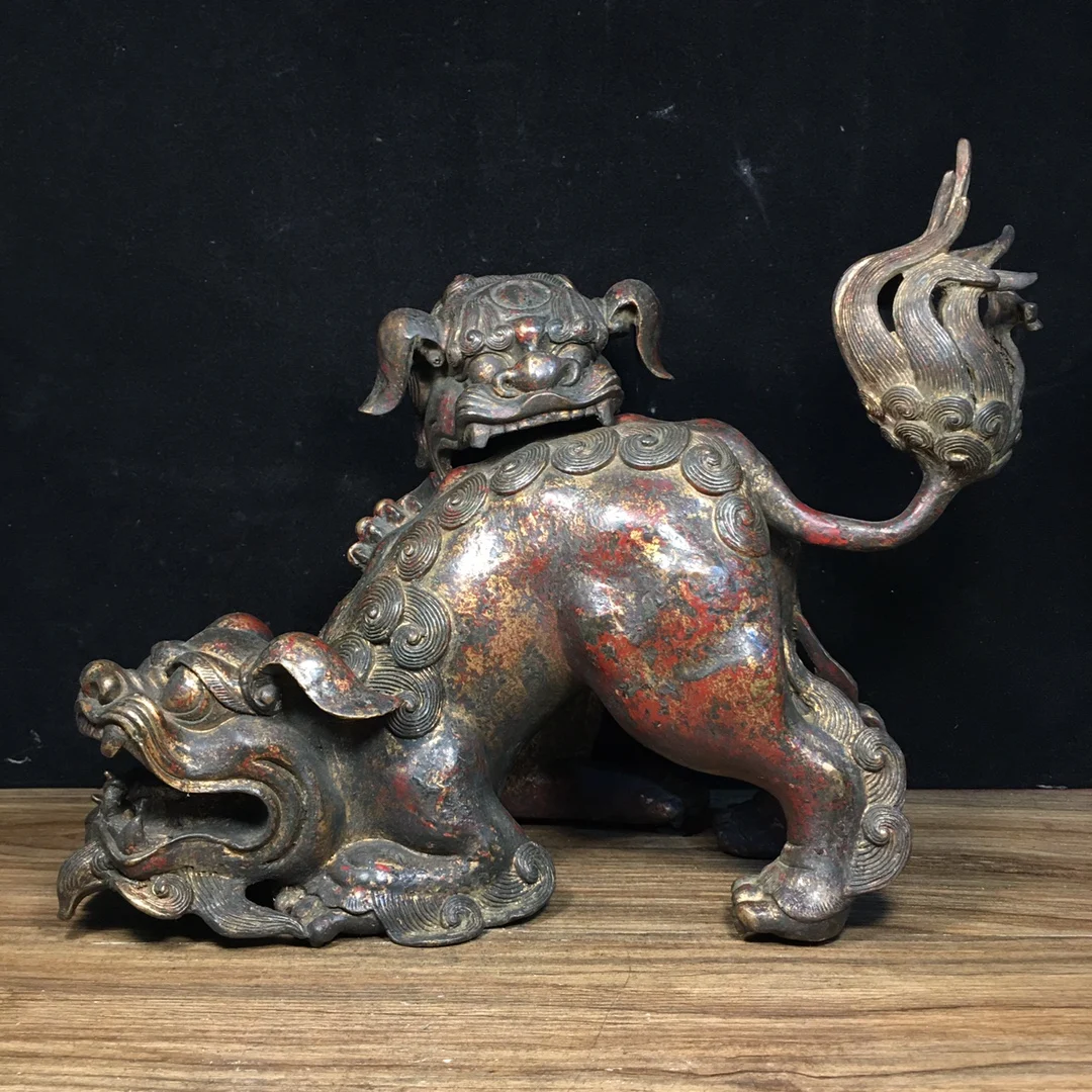 

11"Tibetan Temple Collection Old Bronze Cinnabar Mud gold Mother Child Lion Statue incense burner Amass wealth Ornaments