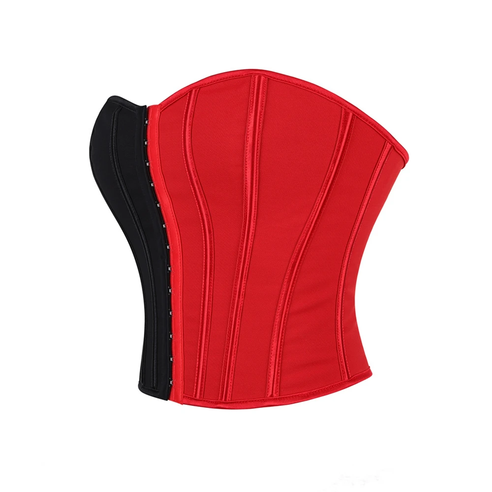 Black Splicing Red Corset Crop Tops Front Single Buckle Slimming Shaper Lace Up Boned Bodice Women Lingerie Strapless Bustier