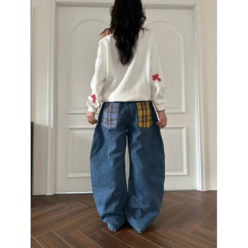 Women's Colorful Plaid Patchwork Embroidery Wide Leg Blue Jeans Street Unisex Style Pant Female High Waist Casual Denim Trousers