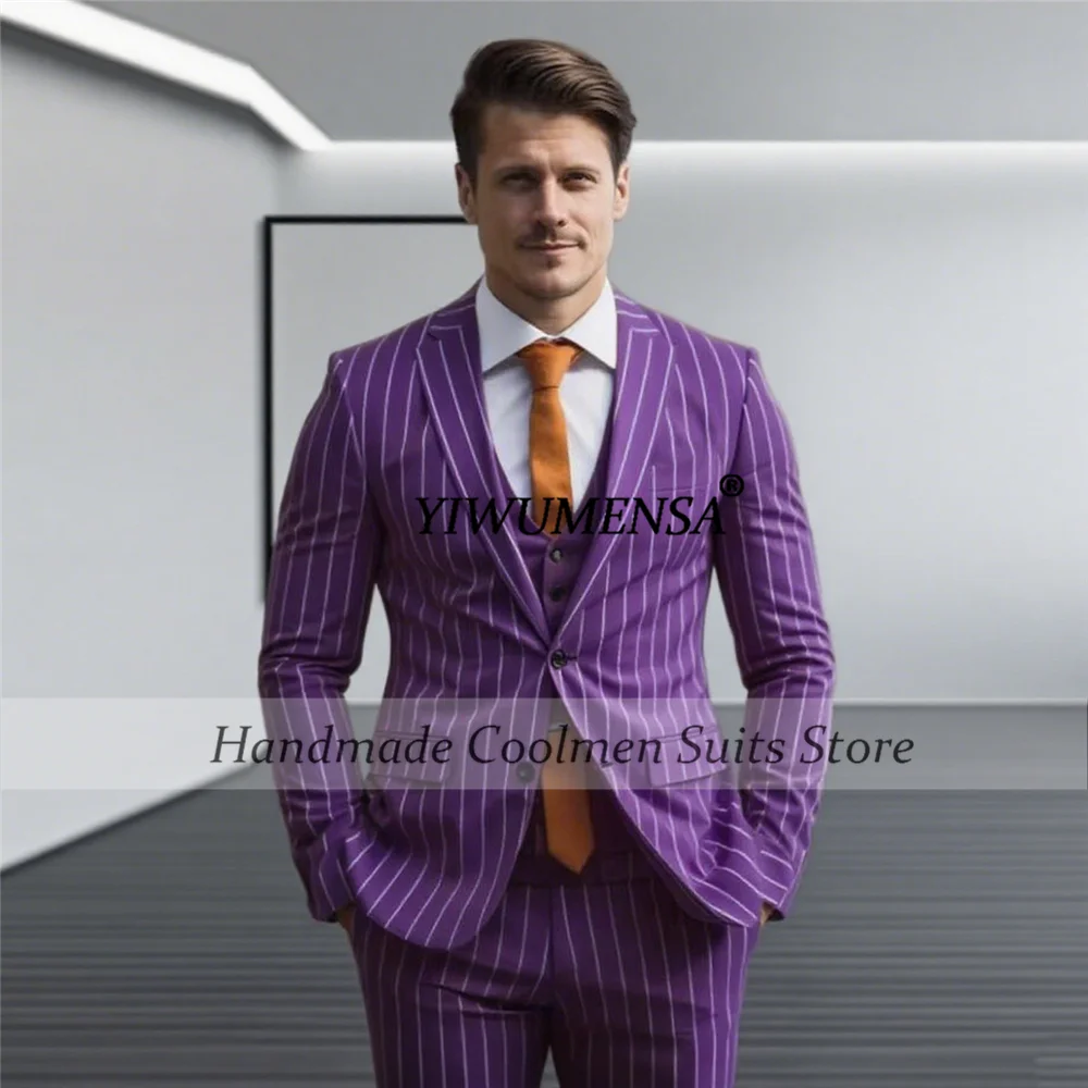 

Purple Stripe Fashion Men Suits Slim Fit Customized Peak Lapel Groom Business Tuxedos 3 Pieces Sets Male Blazers Costume Homme