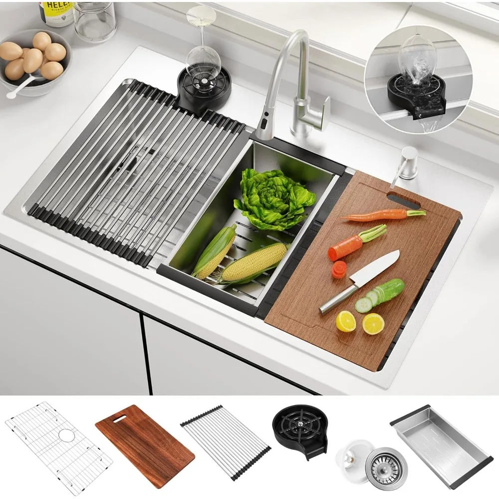 

Роскошная кухонная раковина из нержавеющей стали с 16 калибрами и одной чашей, рабочая станция с верхним креплением 33x22 дюйма