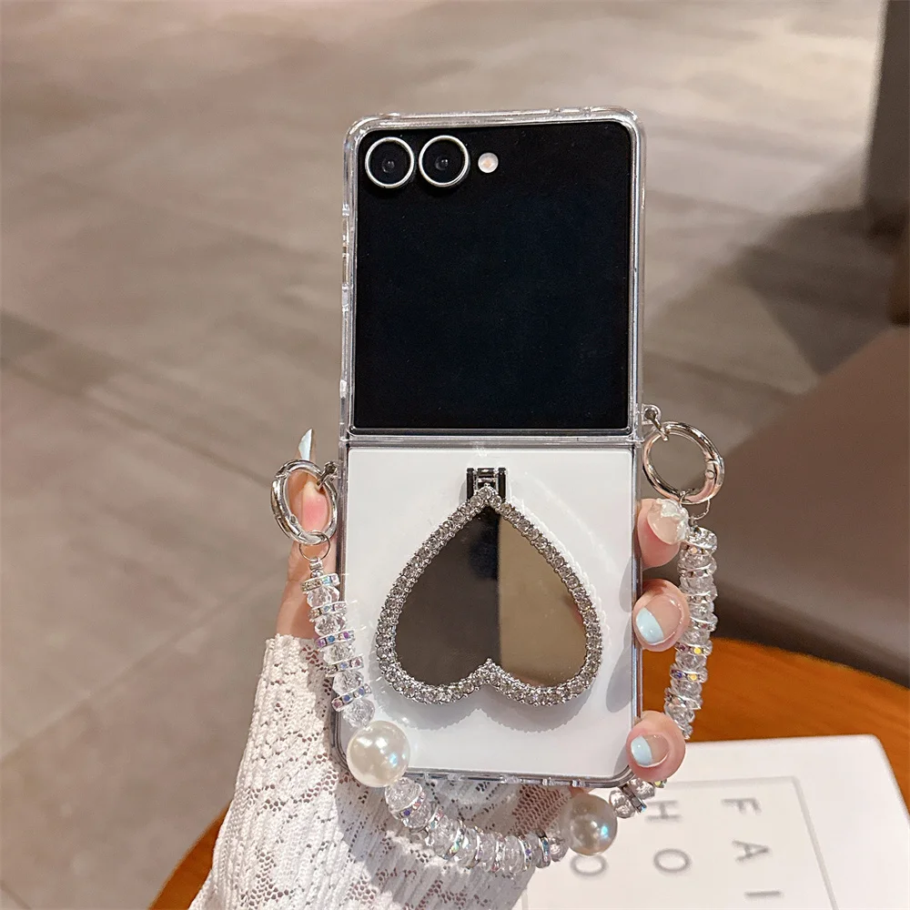 Elegant Clear Rhinestone Heart Mirror Bracket Phone Case for Samsung Z Flip 7 6 5 Crystal Pearl Beaded Lanyard Protective Cover