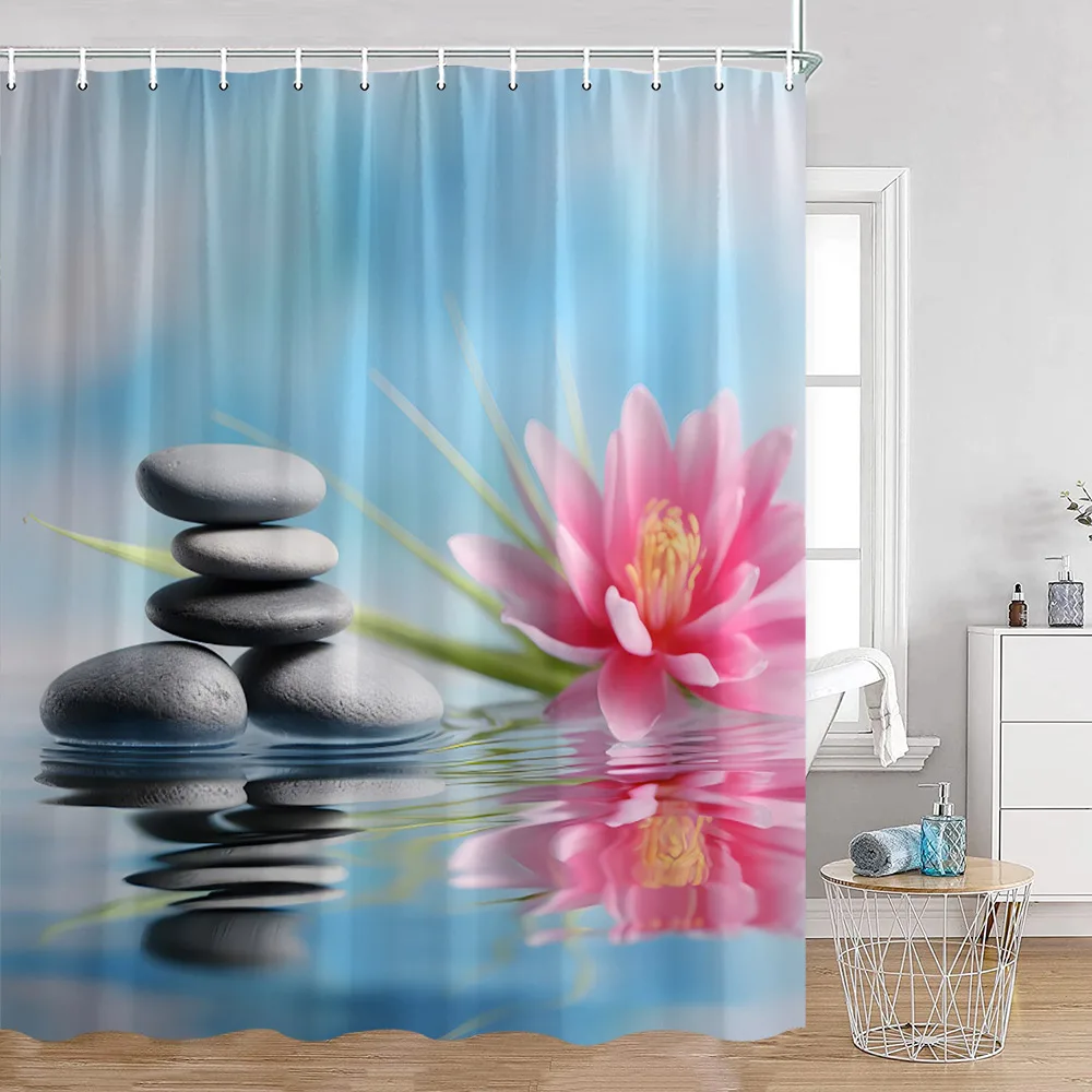 Zen Shower Curtains Black Stone Green Bamboo Lotus Spa Candle Purple Orchid Natural Leaf Bathroom Curtain Meditation Bath Decor