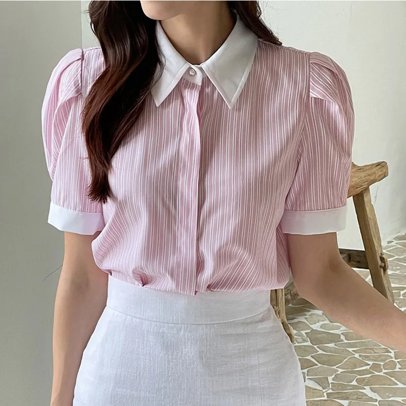 

Summer Short Sleeve Turn Down Collar Women Shirt Striped Chiffon Shirt Blouse Women Tops Blusas Mujer De Moda 2024 Verano K203