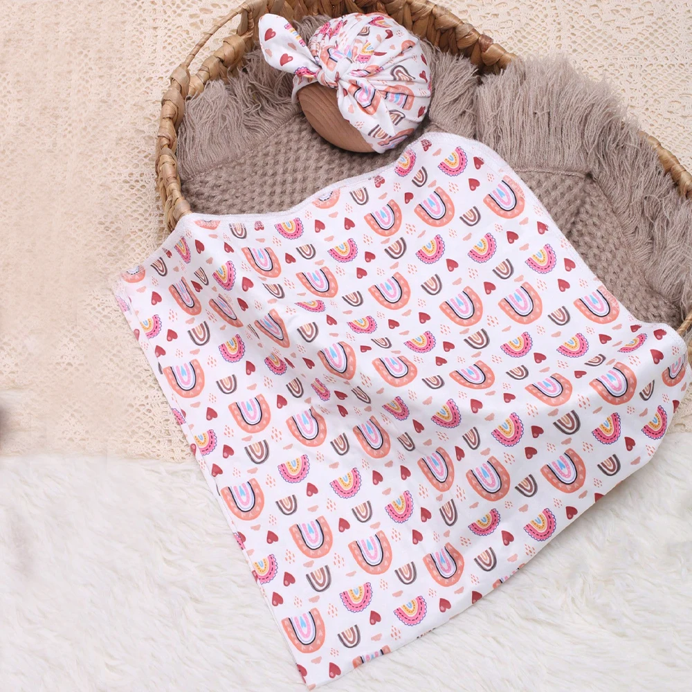 Ylsteed Bear Rainbow Print Newborn Wrap for Photo Shoot Baby Swaddling Blanket with Rabbit Hat Infant Photography Props