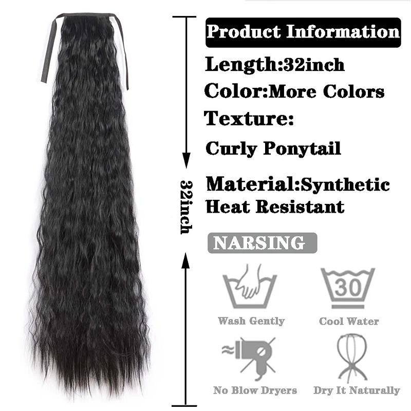 85 cm synthetischer, langer, lockiger, verworrener, lockiger Pferdeschwanz mit Kordelzug, Clip-in-Haarverlängerung, schwarzbraunes Haarteil für Frauen