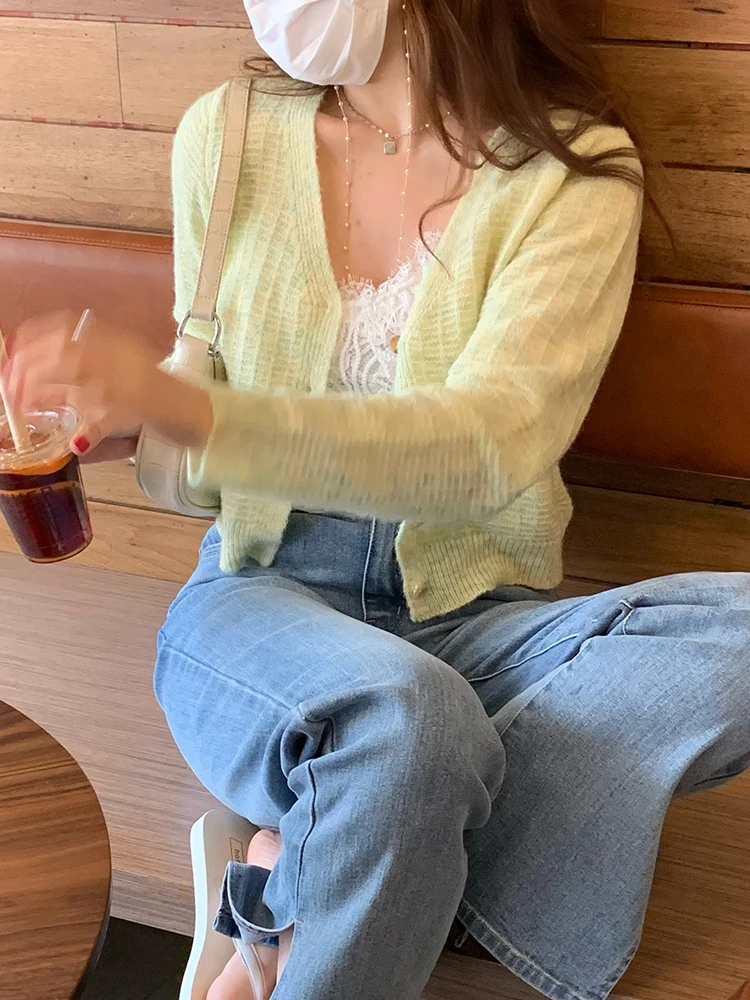 

77Store Women's Slim Fit Spring Autumn Open Cardigan Knitted Sweater Light Wool Outerwear V-Ne Long Sve Korean Sle